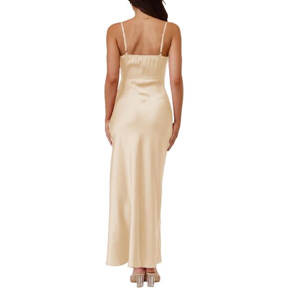 Champagne Satin High Slit Midi Square Neck Slip‎ Dress Formal Event Wedding Med - Picture 2 of 4
